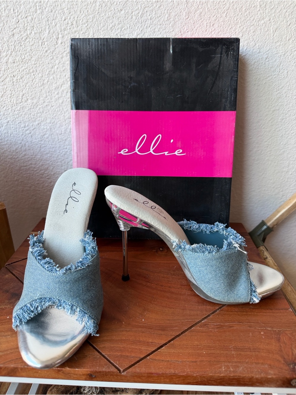 Ellie Denim Frayed Open-Toe Mules with Silver Heel